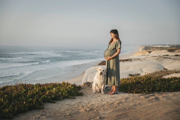 Pregnant woman and her dog at the beach - Φωτογραφία, εικόνα