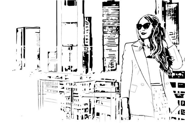 Woman in the big city vector line art. Business woman walking skyscrapers background - Vector, Image