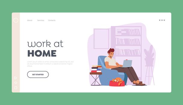 Freelance Home Office Landing Page malli. Man Freelancer Character istuu mukava nojatuoli nukkuva kissa ja kirjoja työskentely tai opiskelu kaukana kannettavalla tietokoneella. Sarjakuva vektori kuvitus - Vektori, kuva