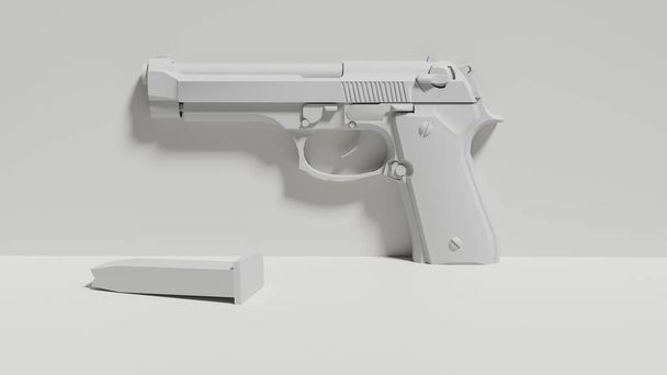 Abstract white background leading a gun figure with shadow 3D rendering. - Zdjęcie, obraz