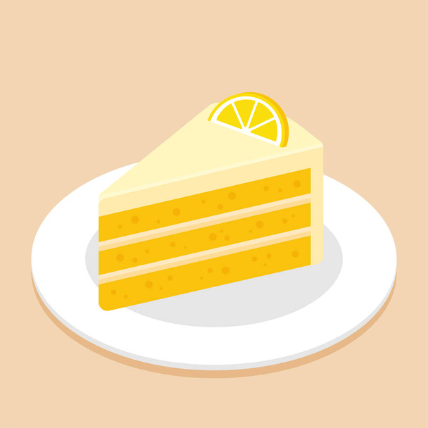 Φέτα κίτρινο κέικ λεμόνι ολοκληρώνεται με φέτες λεμονιού σε πιάτο ή πιάτο. Νόστιμο γλυκό επιδόρπιο έννοια. Ισομετρική εικόνα φαγητού. Χαριτωμένη απεικόνιση φορέα κινουμένων σχεδίων. Σύμβολο του στοιχείου γλυκών. Καφέ μενού. - Διάνυσμα, εικόνα