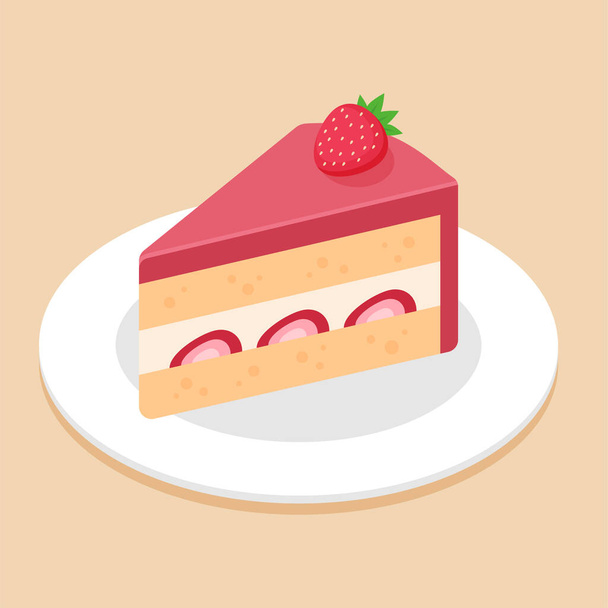Slice of strawberry cake on topping with a strawberry on dish or plate. Delicious sweet dessert concept. Isometric food icon. Cute cartoon vector illustration. Symbol of sweets element. Cafe menu. - Διάνυσμα, εικόνα