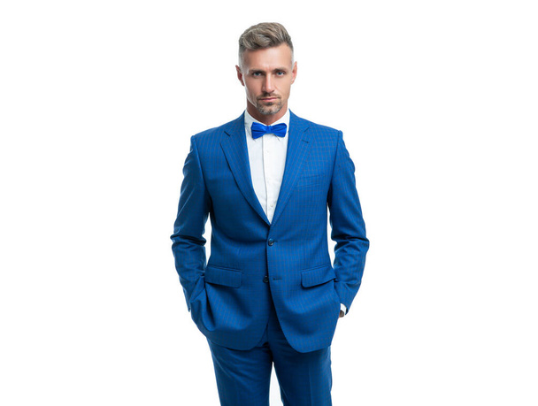 grizzle formal man in blue tuxedo bowtie isolated on white background. - Foto, Imagem