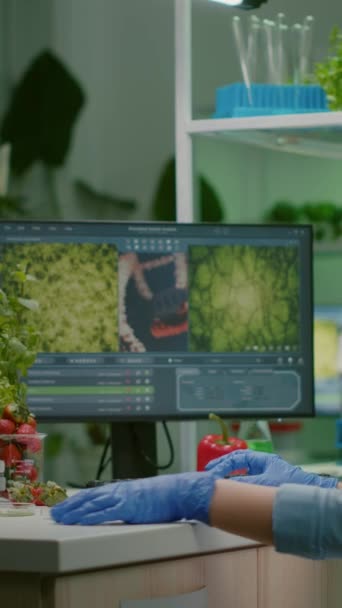 Pionowe wideo: Botanik badacz wpisując wiedzę medyczną na komputerze podczas analizy liści próbki do eksperymentu biologicznego. Biolog specjalista badający organiczny test gmo podczas pracy w botanice - Materiał filmowy, wideo