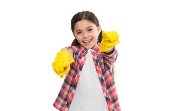 Cleaning supplies. Girl rubber gloves for cleaning white background. Teach kid appreciate cleanliness. Cleaning day. Free time is priceless. Uncompromising quality and service. Housekeeping duties. - Foto, Bild