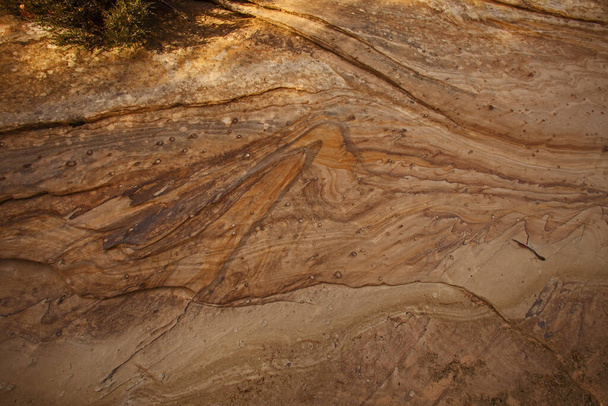 Formacje skalne z piaskowca z ciekawymi wzorami kolorów wzdłuż bulwaru Syjonu w Parku Narodowym Syjon. Utah. - Zdjęcie, obraz
