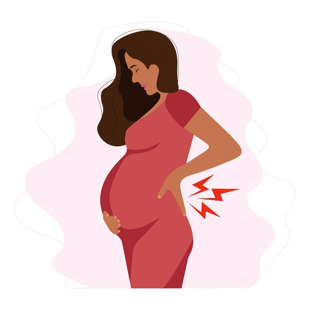 Ανησυχία Έγκυος μαύρη γυναίκα βιώνει δυσφορία στην πλάτη - Διάνυσμα, εικόνα