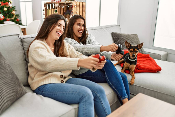 Kaksi naista pelaa videopeliä istuen koiran kanssa joulukuusen luona kotona - Valokuva, kuva