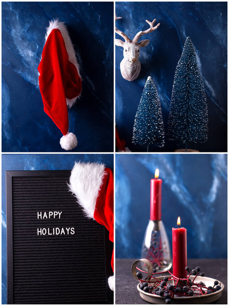 Collection of Christmas decorations - Santa Claus hat, deer, trees, burning candle,  board with congratulations  on dark blue background. - Фото, зображення