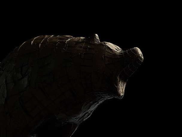 Szorstka glina i rzeźba wzmocniona żelazem przedstawiająca niedźwiedzia w ciemnym, dramatycznym świetle przedstawiającym przeciwstawne trendy na rynku finansowym - 3D render - Zdjęcie, obraz