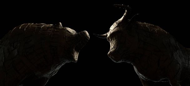 Δύο ακατέργαστα γλυπτά από πηλό και σίδηρο που απεικονίζουν ταύρο που αντιτίθεται σε αρκούδα σε σκοτεινό δραματικό φως και αντιτίθενται στις τάσεις της χρηματοπιστωτικής αγοράς - 3D render - Φωτογραφία, εικόνα