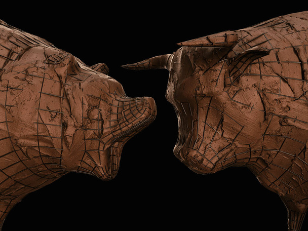 Две грубые глиняные и железные армированные скульптуры, изображающие быка, противостоящего медведю в темном драматическом свете, представляющие противоположные тенденции финансового рынка - 3D рендеринг - Фото, изображение