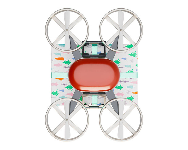 Um conceito mostrando um drone de entrega voador carregando uma caixa de presente embrulhada de Natal em um fundo branco isolado renderização 3D  - Foto, Imagem