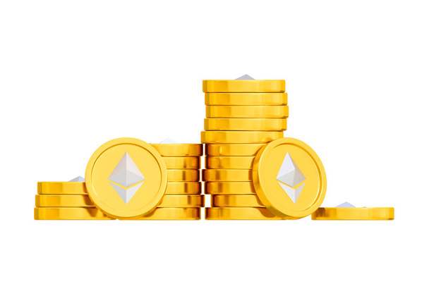 3d ethereum cryptocurrency stack of golden coins, money realistic. Vector illustration. Financial assets and electronic payment, growth of income due to mining and investment. Global currency - Vektor, kép