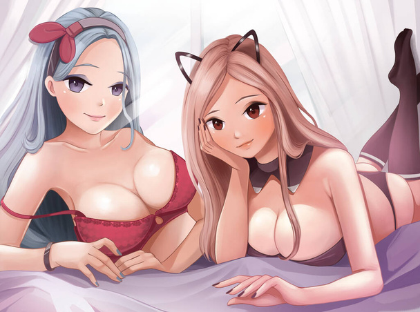 Duvar kağıdında iç çamaşırlı iki seksi anime kız. - Fotoğraf, Görsel