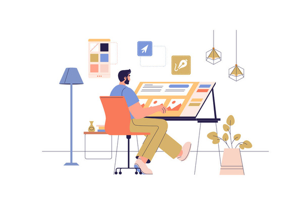 Designer studio web concept with people scene. Illustrator working at drawing table with pen and palette. Creative artist making content. Character situation in flat design. Vector illustration. - Vector, Image
