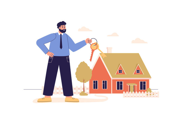 Ingatlanos web koncepció emberekkel. Egy férfi vesz egy új házat jelzálogkölcsönnel és kulcsokkal. Az ingatlanügynök eladja vagy bérbe adja a házat. Karakterhelyzet lapos kialakításban. Vektorillusztráció. - Vektor, kép
