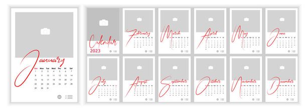 Wall Monthly Photo Calendar 2023. Simple calendario de fotos vertical mensual Diseño para 2023 año en Inglés. Calendario de portada, plantillas de 12 meses. La semana comienza el domingo. Ilustración vectorial - Vector, Imagen