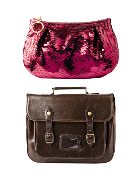 Maletín vintage marrón y bolso de mano de brillo rosa
 - Foto, imagen