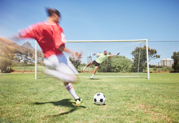 Football, goals and kick with man on field and training for sports, fitness and games competition. Soccer player, target or action with man and exercise on grass park for health, summer or workout. - Foto, immagini