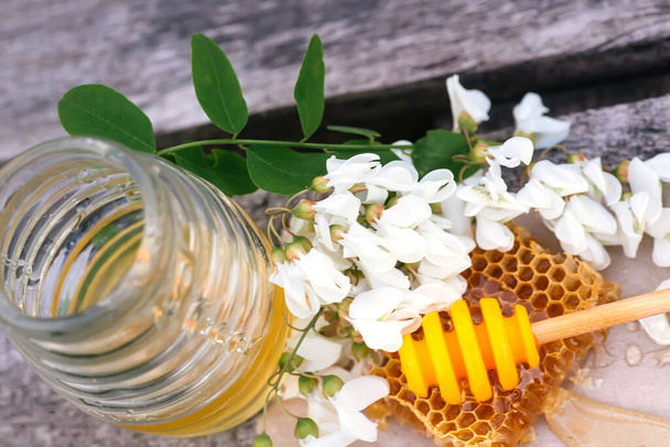 fatia de mel fresco sentou-se e tigela com favo de mel amarelo com flores de acácia - Foto, Imagem