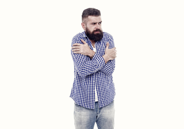 need to warm up. brutal bearded hipster in checkered shirt. mature man feel cold. handsome guy with beard and moustache isolated on white. male express emotions. feel uncomfortable and lonely. - 写真・画像