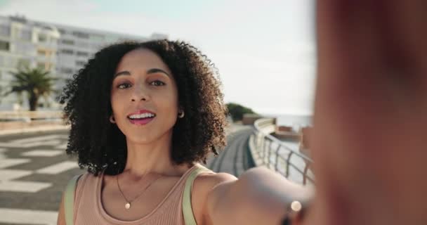 Selfie, woman and beach portrait for social media influencer, content creator and online blog in Florida. Travel, face and black woman streaming vacation in Mexico for subscribers followers and fans. - Footage, Video