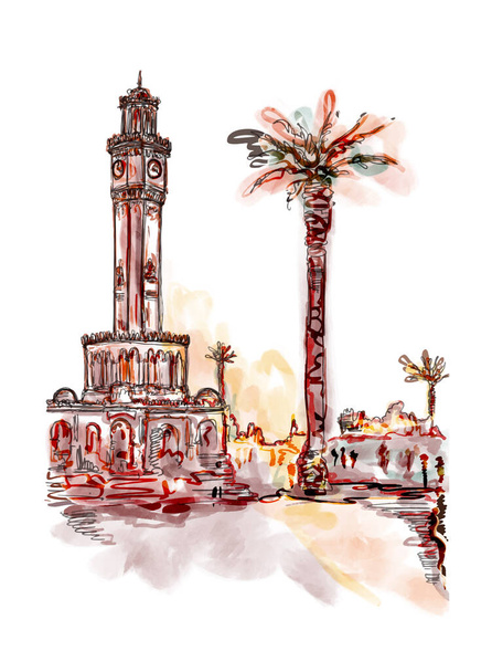 Hand-drawn color vector sketch of Konak Square, in Izmir, Turkey. Frontal view of the Izmir Clock Tower, Izmir Saat Kulesi, landmark of Turkey. Abstract illustration of a tourist place for posters - Vector, Image