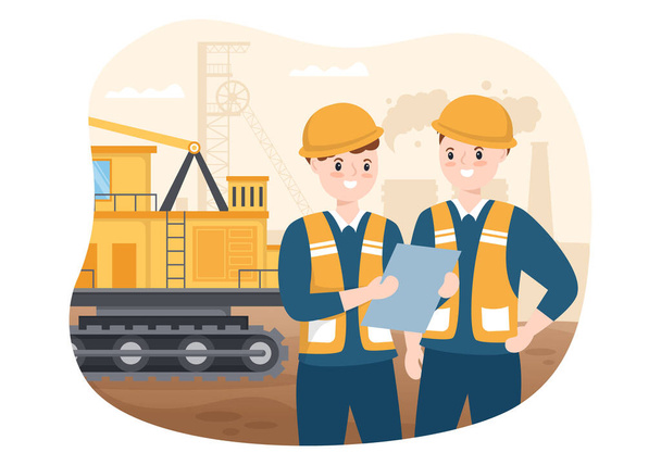 Горнодобывающая компания с тяжелыми желтыми грузовиками-самосвалами для промышленного процесса или транспортировки угольных шахт в плоском мультфильме Ручные рисунки шаблонов иллюстрации - Вектор,изображение