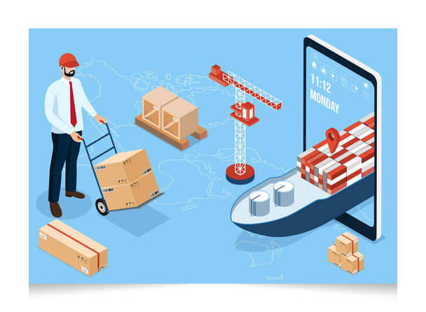 3D isometric Sea Freight concept with cargo freight ships, harbour port cranes, Maritime shipping, Merchant Marine, Cargo ship, world map on background. Vector illustration eps10 - Vector, Image