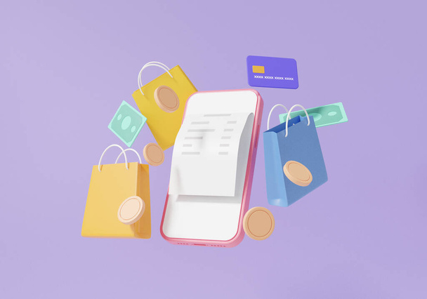 Online-Shopping-Konzept über Rechnungszahlung per Smartphone und Einkaufstasche auf lila Pastellhintergrund, Rabattverkauf, Banner, Website. 3D-Darstellung. Illusion - Foto, Bild