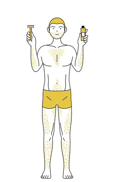 Line drawings of men suffering from thick body hair, holding a razor blade and hair removal cream - Vector, Image