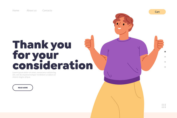 Thank you for consideration concept of landing page with happy man with thumbs up, express agreement and approval. Positive person gesture like, super with hands and fingers. Flat vector illustration - Vector, Image