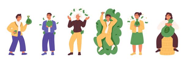 Bohatí lidé nastaveni. Šťastný mladý muž a žena držící peněženku, mince, ležící na hromadě peněz v dolarech. Finanční úspěch, investice a loterie vyhrávají koncept. Kreslený plochý vektorový obrázek - Vektor, obrázek