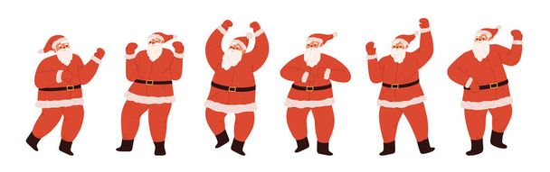 Set of happy dancing Santa Claus characters. Cartoon bearded Santa isolated on white background. Christmas, noel and new year concept. Flat vector illustration - Vector, Image