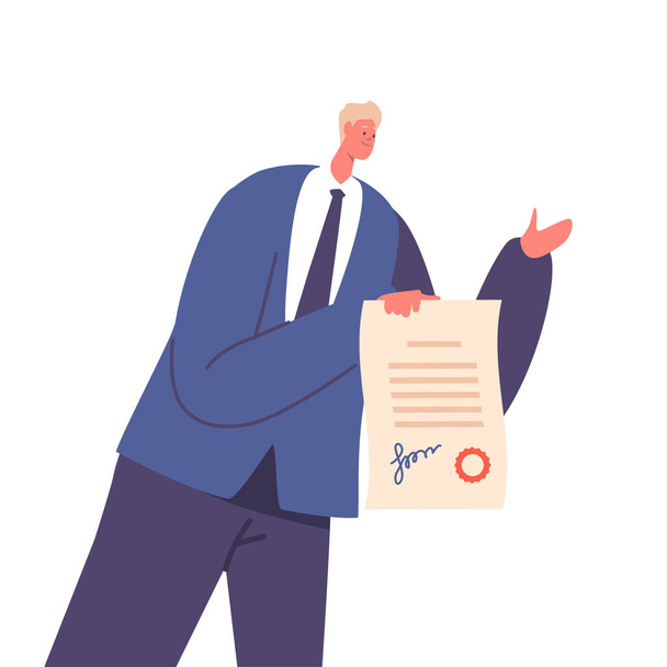 Lawyer, Notary or Attorney Hold Certificate or Contract with Seal Stamp and Signature. Man with Document Offer Professional Service, Character in Formal Wear Holding Paper. Cartoon Vector Illustration - Vector, Image