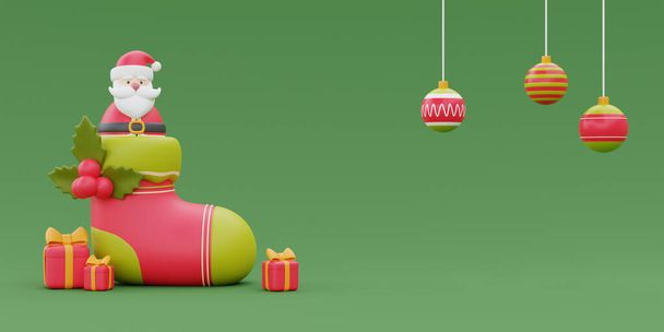 Weihnachten Hintergrund mit Strümpfen, Geschenken und Weihnachtsschmuck. Frohe Weihnachten und ein gutes neues Jahr. 3D-Darstellung - Foto, Bild