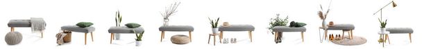 Коллаж стильной скамьи с аксессуарами, подушками, плантациями и комнатными растениями на белом фоне - Фото, изображение