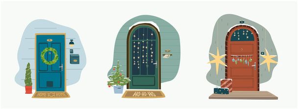 X-Mas decorado casa puerta principal. Árbol de Navidad junto a la puerta de la casa con corona y Deco para la fiesta. Postal, invitación o poser para el nuevo año y Feliz Navidad. - Vector, imagen