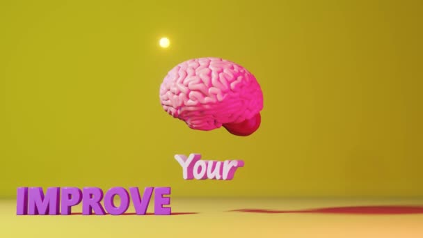 Mejora tu inglés Aprendizaje fluido del idioma extranjero estudiando la letra del cerebro humano amarillo fondo animación 3d. Memoria Aplicación remota en línea Curso de educación Expresiones modismo Escuchar Lectura - Imágenes, Vídeo