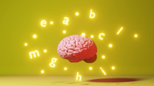 Englisch lernen Verbesserung der Fremdsprachenkenntnisse beim Lernen menschlicher Gehirnbuchstaben auf gelbem Hintergrund 3D-Animation. Memory Remote Online Application Education Kurs Ausdrücke Idiom Hören Lesen - Filmmaterial, Video