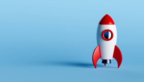 Pieni punainen ja valkoinen lelu raketti seisoo sinisellä taustalla.3d renderöinti avaruusaluksen valmis lähtemään - Valokuva, kuva
