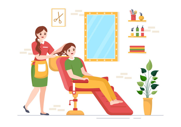 Fryzjer dla męskich lub żeńskich klientów Fryzura z lustrami, biurko i sprzęt do cięcia włosów w płaskiej kreskówki Ręcznie rysowane szablony ilustracji - Wektor, obraz