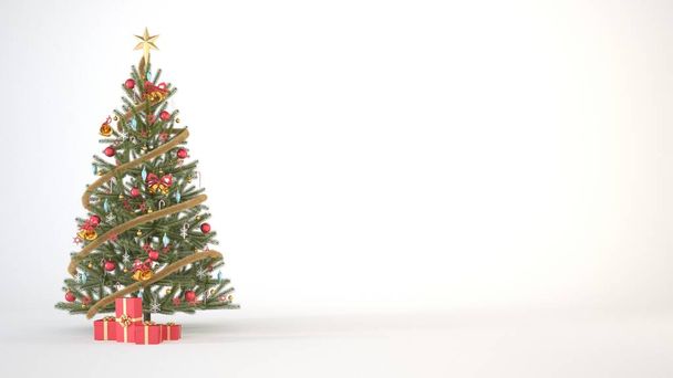 Christmas tree with red and gold ornaments and red gift boxes on a white background with copy space. 3d christmas background concept for header or banner design render illustration. - Foto, afbeelding