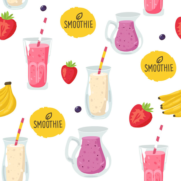 Refreshing summer seamless pattern with smoothie and lemonade. Strawberry and watermelon Vector background - Vector, Image