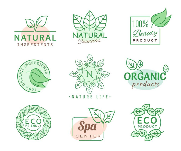 Green leaf icons, SPA, organic cosmetics or eco product, vector bio nature labels. Beauty, eco friendly and 100 percent natural ingredients, green leaf symbols for organic products and vegan cosmetics - ベクター画像