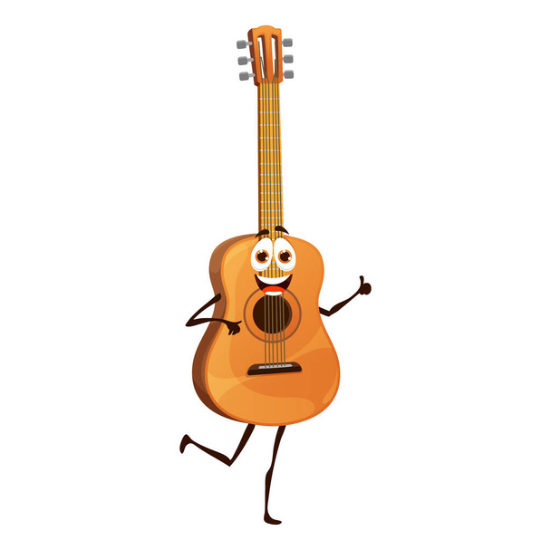Rajzfilm akusztikus gitár karakter. Izolált vektoros hangszerfigura mosolygó arccal mutassa a hüvelykujját. Oktatási zene gyerekeknek, fesztivál, zenész felszerelés bolt - Vektor, kép