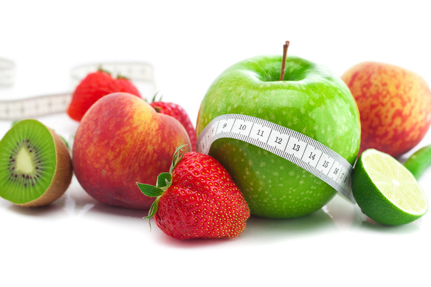 Big juicy red ripe strawberries,apple,lime,peach,kiwi and measu - Φωτογραφία, εικόνα