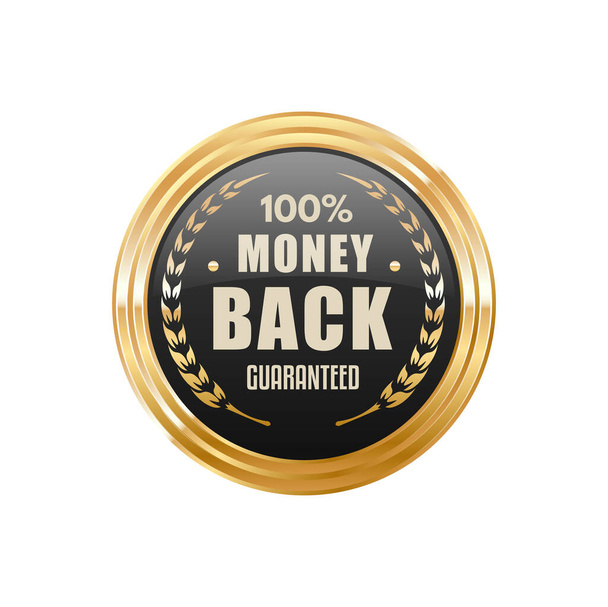Money back golden badge and product quality label. Money return service gold tag or icon or symbol, product quality guarantee golden vector badge or label. Shop special offer round emblem or sticker - Vector, Image