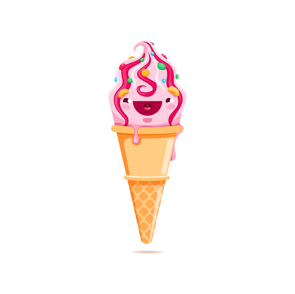 Cartoon personnage de cône de crème glacée, personnage vecteur de nourriture d'été mignon. Cône de gaufre avec tourbillon rose de glace au service doux, sundae aux fraises, gelato ou yaourt glacé au visage drôle et au sourire heureux - Vecteur, image